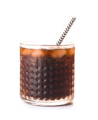 Glass of cold cola on white background