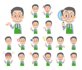 店員　スーパーマーケット　エプロン　中高年　高齢者　シニア　ポーズ　セット