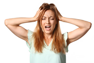 Stressed woman on white background