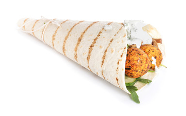 Tasty pita with falafel and vegetables on white background