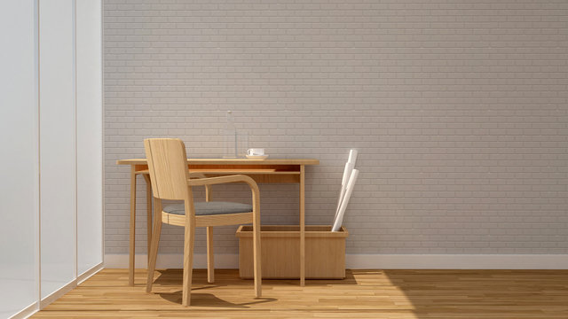 workplace or dining room in home or apartment and white brick wall decoration - Interior design minimal style - 3D Rendering