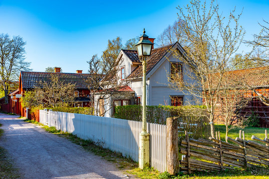 View of traditional timber houses in the old town Gamla Linkoping, Sweden
