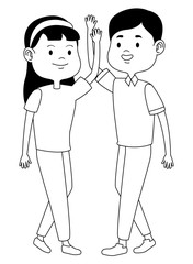 Teenagers friends smiling and greeting cartoons in black and white