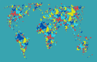 Obraz premium World map of colored butterflies. Vector graphics.