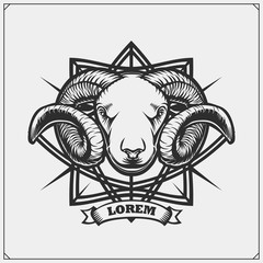 Emblem of ram with beautiful swirling horns. Sport club emblems, meat store logo, print design for t-shirt, tattoo.