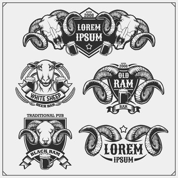 Beer set emblems with ram and sheep. Labels, emblems, stickers and design elements for pub, beer festival and beer restaurant design.