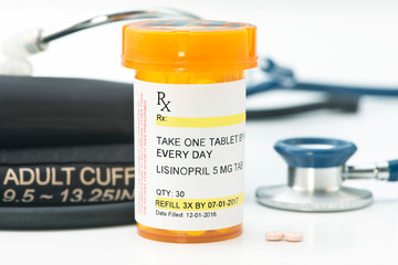 Lisinopril Prescription With Stethoscope And BP Cuff