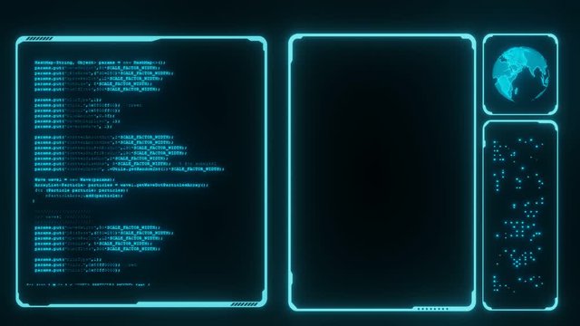 Sci fi laboratory room hud elements. Scrolling software source code development. Rotating digital dots globe. Abstract binary data moving. For overlay with movie scene or intro clip. with copy space