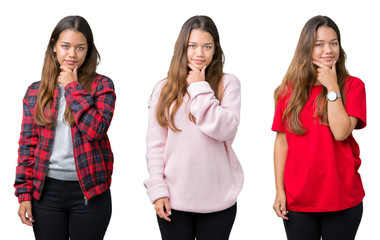 Obraz premium Collage of beautiful young woman over isolated background looking confident at the camera with smile with crossed arms and hand raised on chin. Thinking positive.