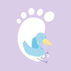 cute stork with diaper and footprint baby