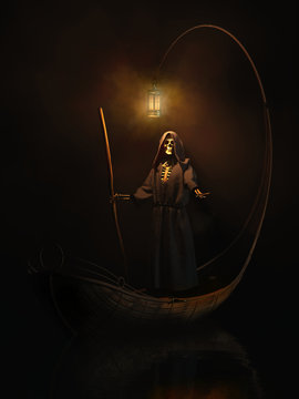 Charon the ferryman appearing like a robed skeleton extents his bony hand. He epects a coin to ferry you across the Styx to the lands of the dead. 3D Rendering.