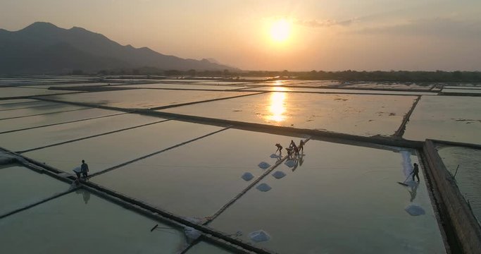 People working on the salt field. The raw white salt field on a sunny day. Royalty high-quality free stock video footage of white salt field in a beach village. Salt is an important food for people