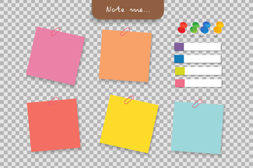 Set of different note papers with clip, pushpin, paper tag on transparent background.