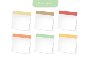 Set of different note papers on isolated white background.