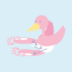cute stork with diaper and footprint baby