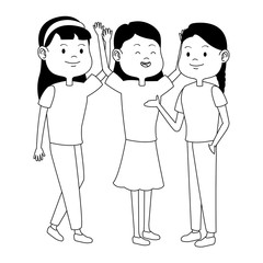 Teenagers friends smiling and greeting cartoons in black and white