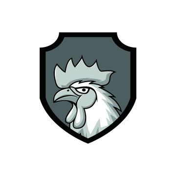 black and white rooster mascot logo with shield.