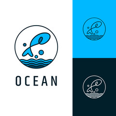 Ocean fish logo, circle outline style, fishing symbol, modern design, sea vector illustration