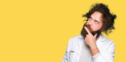 Crazy scientist with funny long hair with hand on chin thinking about question, pensive expression. Smiling with thoughtful face. Doubt concept.