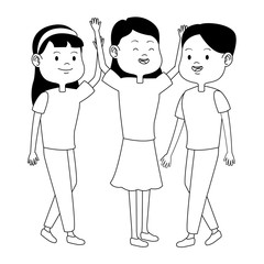 Teenagers friends smiling and greeting cartoons in black and white