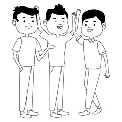 Teenagers friends smiling and greeting cartoons in black and white