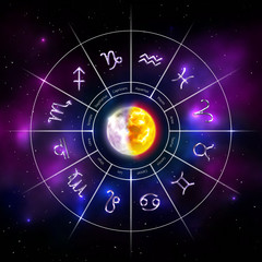 Horoscope circle with twelve zodiac signs. Silver metal zodiac symbols on blurred cosmic background. Horoscope element with star signs. Fortune telling and astrology predictions vector illustration.