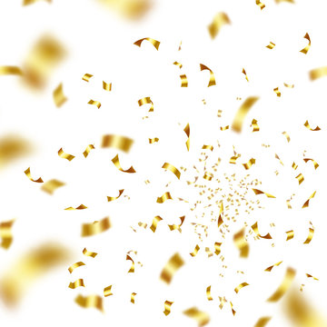 Realistic falling golden confetti isolated on white background. Merry Christmas or Happy Birthday party decoration. Anniversary celebration design. Glossy festive serpentine vector wallpaper.