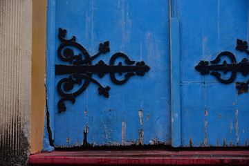 blue door with rustic hinge, ornate hinge, black hinge, colonial, antique door, blue door, medieval...