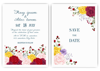 Fototapeta na wymiar wedding invitation card with colourful floral and leaves.