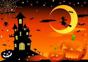 ハロウィン・お城と魔女とジャックオーランタンのイラスト