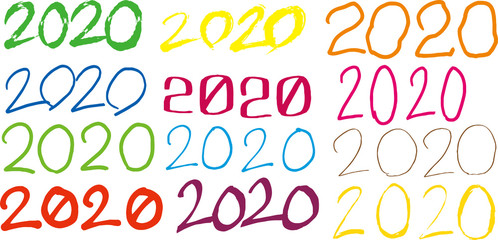 Handwritten Colorful 2020 character illustration set