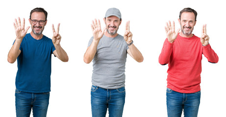 Fototapeta premium Collage of handsome senior man over white isolated background showing and pointing up with fingers number seven while smiling confident and happy.