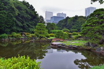 Traditional Japanese gardens in public parks in Tokyo, Japan. Views of stone lanterns, lakes, ponds, bonsai and wildlife walking around paths and trails. Asia. 