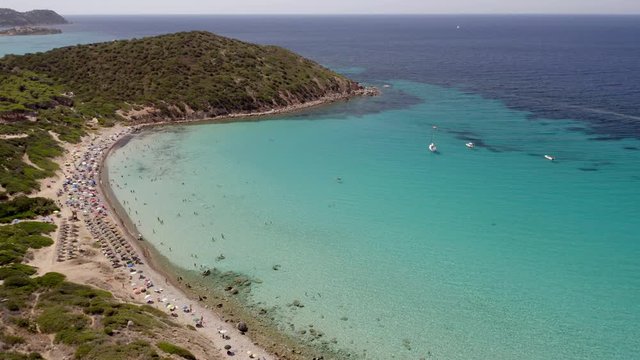 Amazing aerial shot of a beautiful beach with turquoise sea, Mari pintau, Sardinia
