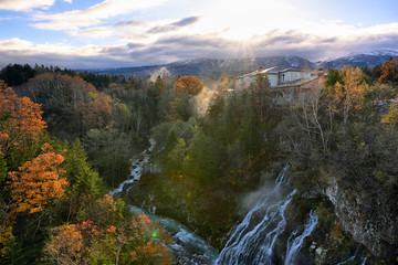 Beautiful view one morning at Shirahige Waterfall, Biei Hokkaido Japan.