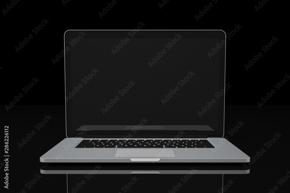 Wall mural computer laptop blank display on black background workspace mock up design illustration 3d rendering