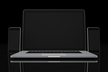 Fototapeta premium Computer laptop and smartphone blank display on black background workspace mock up design illustration 3D rendering
