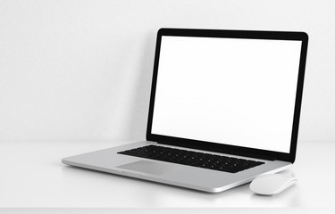Fototapeta premium Computer laptop blank screen on white office desk, workspace mock up design illustration 3D rendering