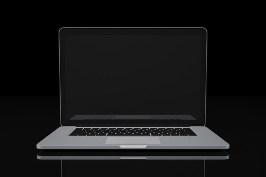 Computer laptop blank display on black background workspace mock up design illustration 3D rendering