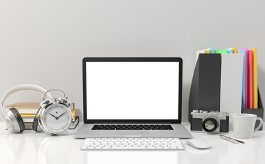 Computer notebook blank screen on white office desk, workspace mock up design illustration 3D rendering