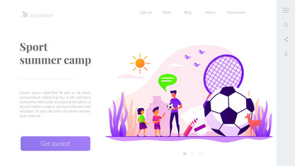 Active kids games. Family outdoor activities. Children playing badminton, football. Sport summer camp, multi sports camp, active summer time concept. Website homepage header landing web page template.