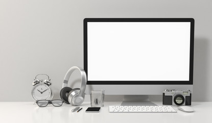 Computer blank screen on white office desk, workspace mock up design illustration 3D rendering