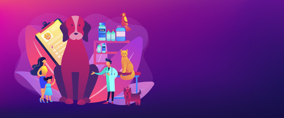 Veterinary service, pharmacy and clinic. Animals treatment. Veterinarian consultation. Vet clinic, vet surgical services, pets medical care concept. Header or footer banner template with copy space.