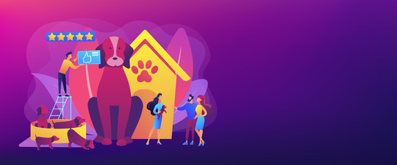 Dog breeding, buying puppy at pet store. Domestic animal. Couple adopting puppy. Breed club, top breed standard, buy your purebred pet here concept. Header or footer banner template with copy space.