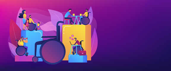 Social adjustment. People with special needs. Social adaptation of disabled people, social environment adaptation, social technologies concept. Header or footer banner template with copy space.
