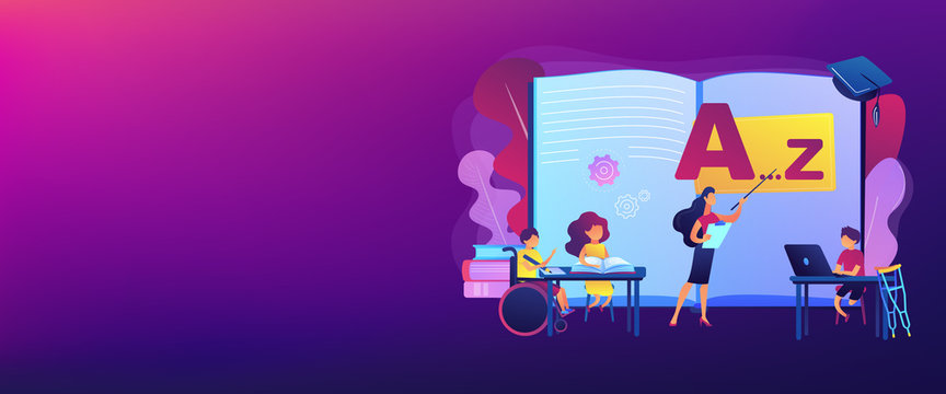 Disabled children studying in school. Learning program. Inclusive education, social and communicative competence, inclusive environment concept. Header or footer banner template with copy space.