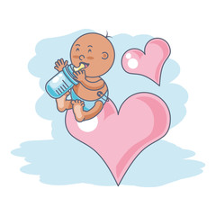 cute baby boy with bottle milk and hearts love