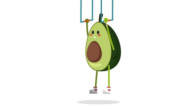 Cute avocado pumping up. Funny avocado cartoon character doing pullups. Avocado animation loop with Alpha channel. exercising healthy fitness lifestyle. Eating fruits and vegetables concept for kids.