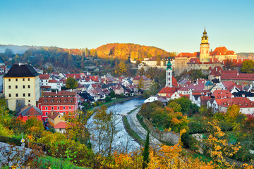 Naklejka premium Autumn leaves One morning in the Cesky Krumlov, Czech Republic