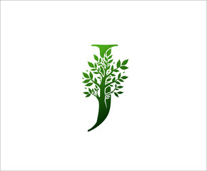 J Logo Letter Created From Tree Branches and Leaves. Tree Letter Design with Ecology Concept..